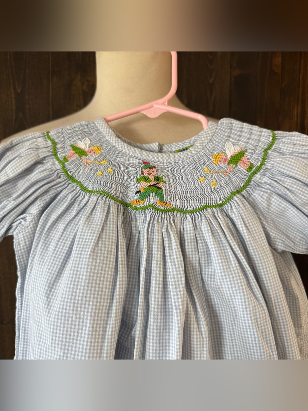 Girls Stellybelly Tinkerbell & Peter Pan Smocked Dress Blue & Green Gingham 2T